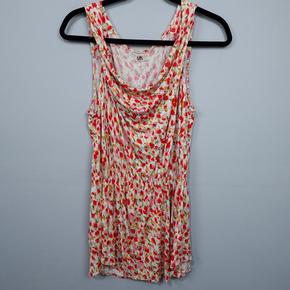 French Connection UK Style Dancing Tulips Draped Neck Top Sz XL Red Beige Floral